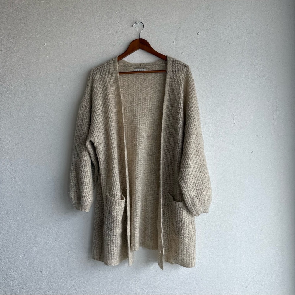 American Eagle Womens Large Beige Waffle Knit Open Cardigan‎ Sweater Pockets
